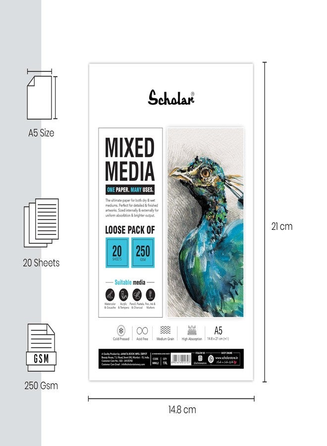 Scholar Mixed Media Paper | 250 GSM Cold Pressed Medium Grain | 20 Loose Sheets | Premium Artist Paper for Watercolour, Acrylic, Ink, Pencil & Mixed Media Art Practice (A5) (MML2) - Image 2
